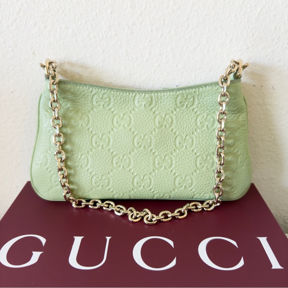 New Gucci Brainy GG Emblem leather shoulder crossbody mini bag pouch, green
